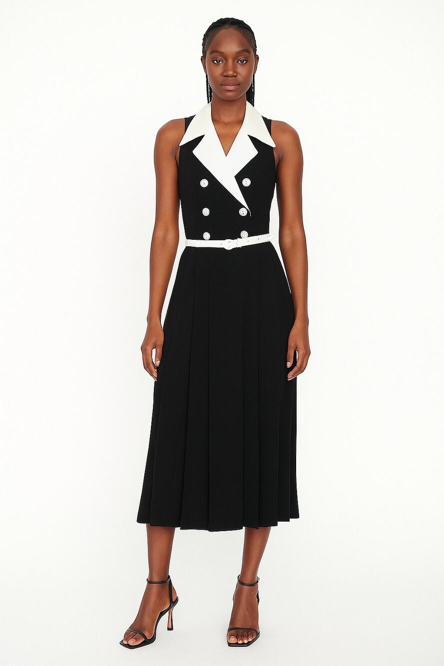 American VTG black midi pleated dress white lapel double breasted buttons belt L
